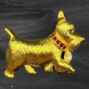 Vintage Napier Gold Scottie Dog Brooch with Red Rhinestone Collar